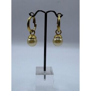 Vintage Gold Tone Faux Pearl Drop Hoop Earrings – Classic Dangle Statement